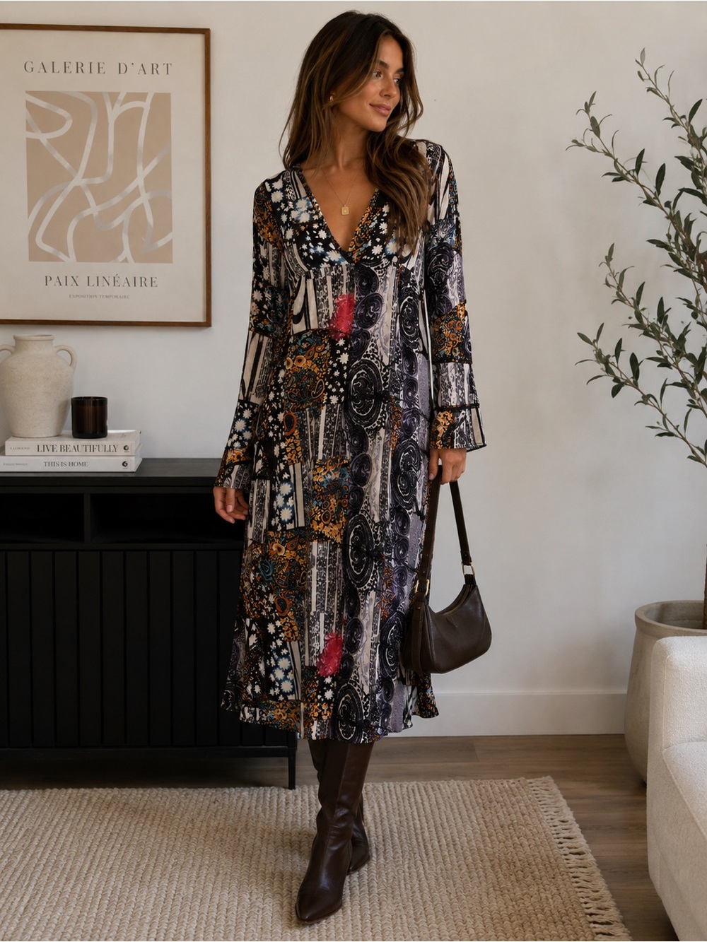 MINKPINK Patchwork Paisley Midi Dress in Black, White, Pink & Gold